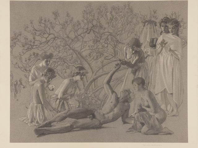 This is a drawing of a garden scene with a nude man surrounded by many female figures.