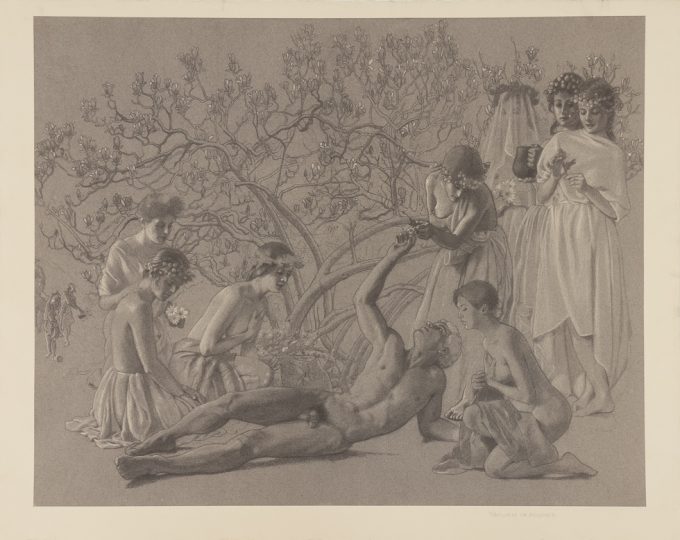 This is a drawing of a garden scene with a nude man surrounded by many female figures.