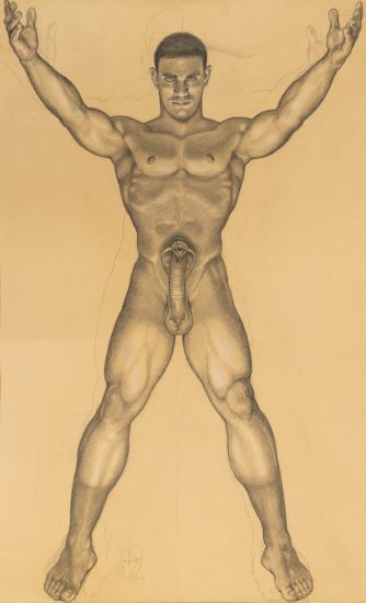 This is a drawing on buff paper of a nude man with a cobra for a penis with his arms raised above his head.