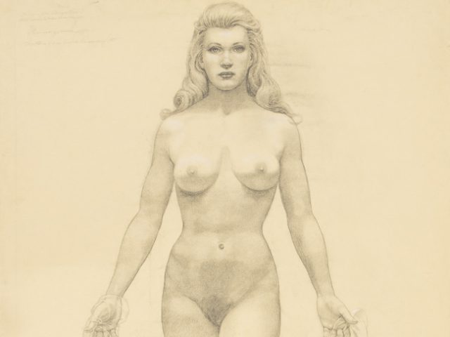 This is a drawing of a standing nude woman holding a veil behind her.