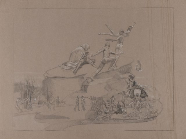 This is a graphite drawing on brown paper of a landscape scene with many figures throughout.