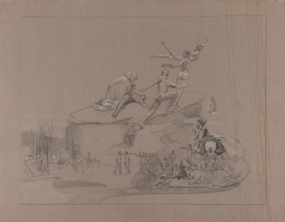 This is a graphite drawing on brown paper of a landscape scene with many figures throughout.