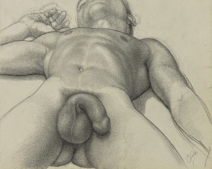 This is a nude drawing of a reclining man on his back from the bottom of his buttocks up to his mid-face.