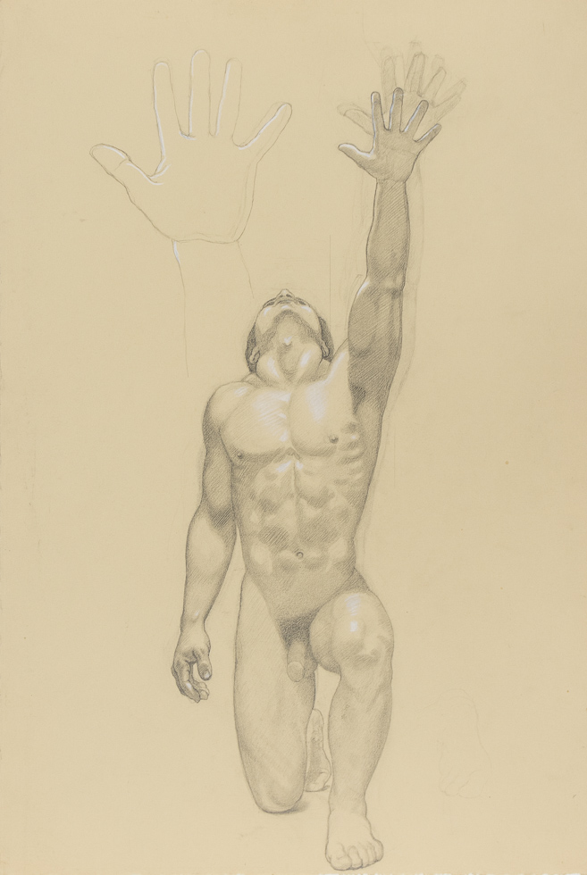 This is a drawing of a nude man on one knee with his arm reaching upwards.