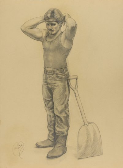 A drawing of a man with a shovel putting on a bandana.