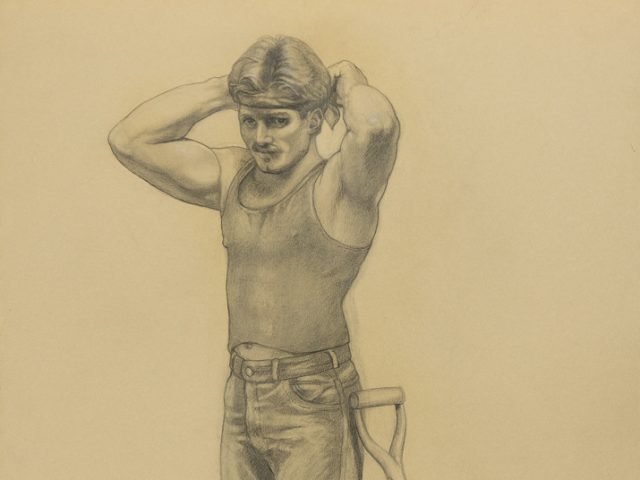 A drawing of a man with a shovel putting on a bandana.