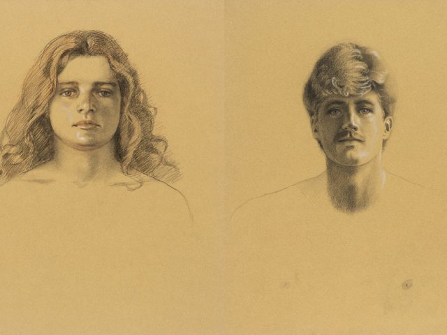 This is a double sided portrait drawing of a man and a woman.