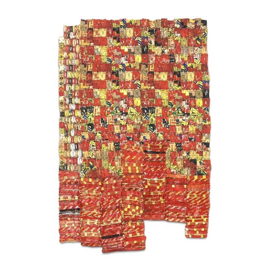 A unique red and yellow artwork by El Anatsui