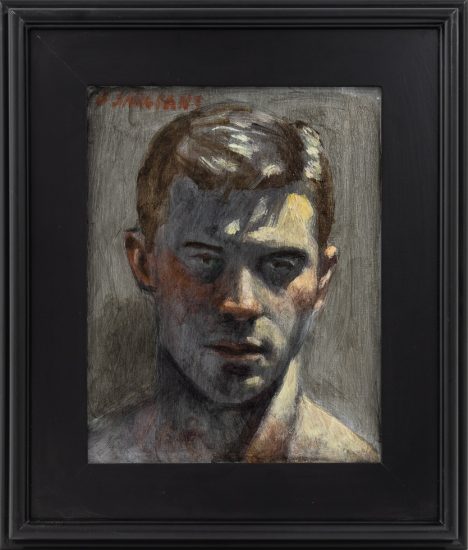 This is an oil painting in a black frame of a handsome young man.