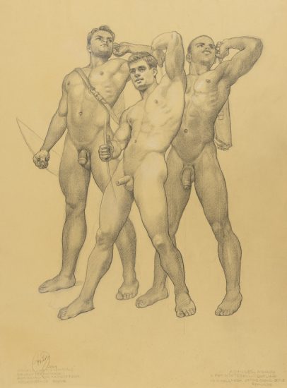 This is a drawing of three naked male warriors.