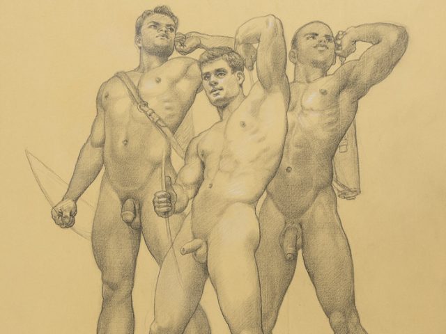 This is a drawing of three naked male warriors.