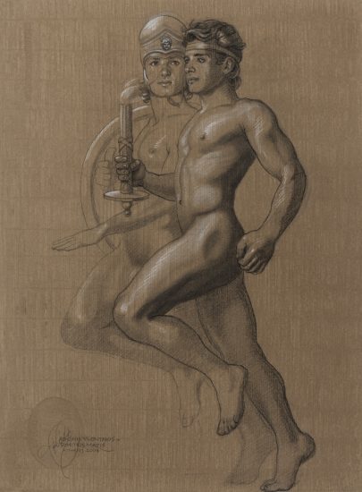 This is a drawing of a nude man carrying an object while running.