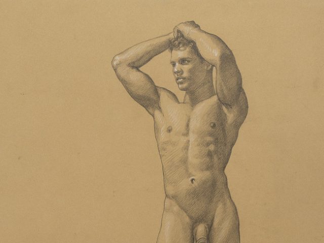 This is a drawing on buff paper of a naked standing man with his hands on his head.