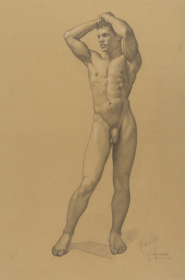 This is a drawing on buff paper of a naked standing man with his hands on his head.