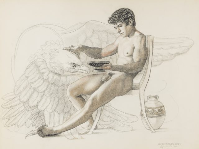 This is a drawing of a nude man sitting in a chair holding a bowl of water feeding it to a large eagle.