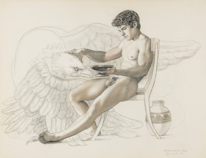 This is a drawing of a nude man sitting in a chair holding a bowl of water feeding it to a large eagle.