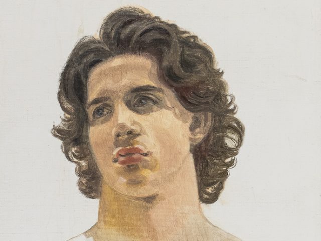 This a painting of a portrait of a boy with wavy brown hair against a white background.