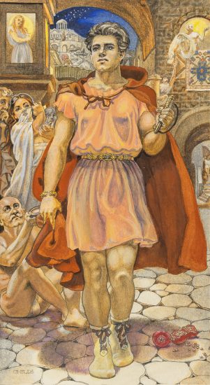 This is a painting of a man in an orange tunic in a medieval looking village scene.