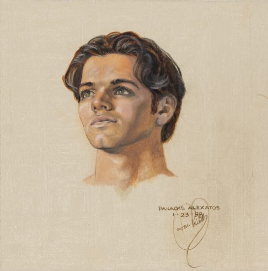 This a painted portrait of a boy with wavy brown hair against an unpainted canvas background.