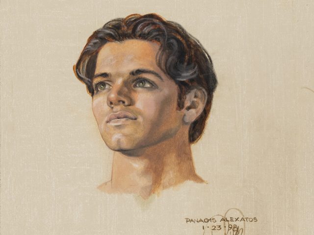 This a painting of a portrait of a boy with wavy brown hair against a white background.