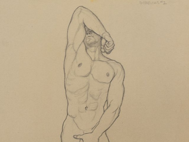 This is a drawing of a man named Sibelius nude, with his right arm above his head, and his left hand covering his genitals.