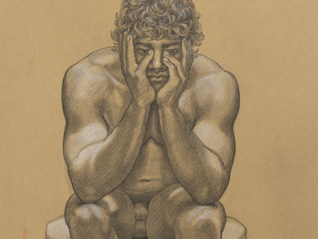 This is a drawing of a man with curly hair sitting and thinking.