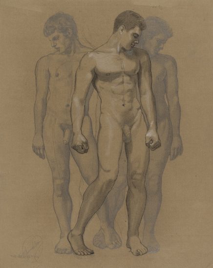 This is a drawing of 3 standing naked men.