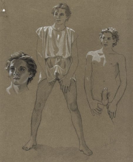 This is a drawing of a boy in a toga with an erect penis.