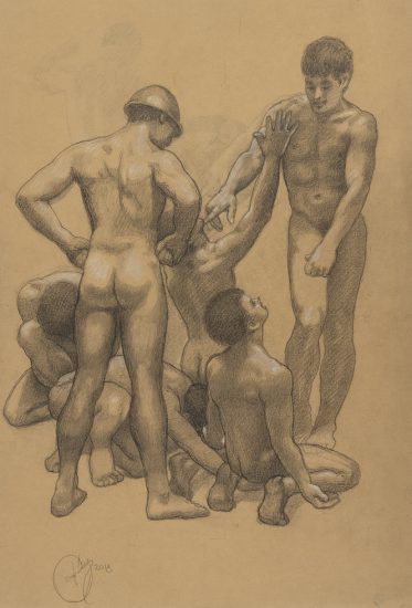 This is a drawing of a group of nude men.