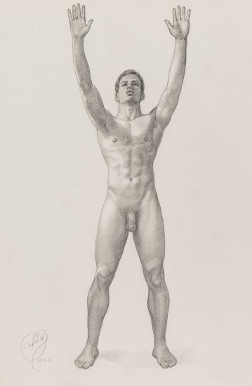 This is a drawing of a naked man standing with both of his arms raised above his head.