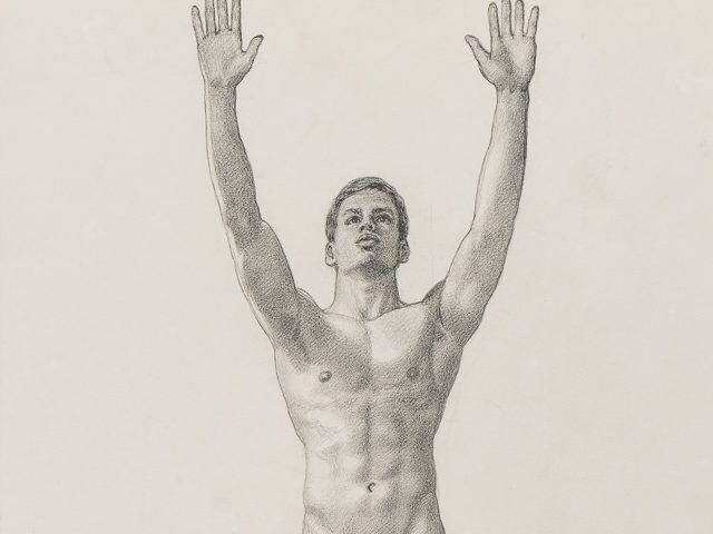 This is a drawing of a naked man standing with both of his arms raised above his head.