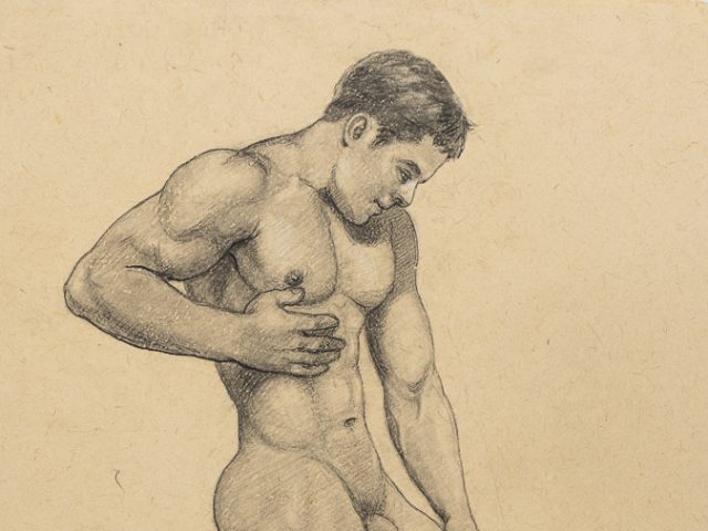 This is a drawing of a nude man in a dramatic pose with a hand on his chest and the other on his thigh.