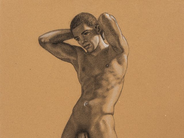 This is a drawing of a nude muscled man standing with his arms behind his head.