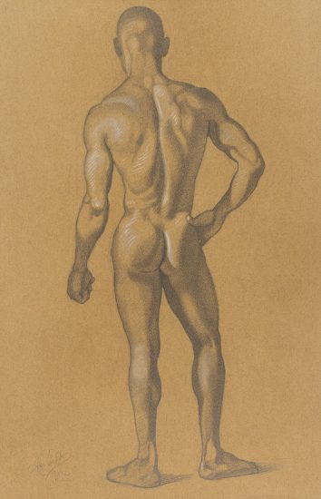 This is a drawing on a nude man from behind standing with his hand on his hip.