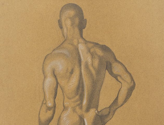 This is a drawing on a nude man from behind standing with his hand on his hip.