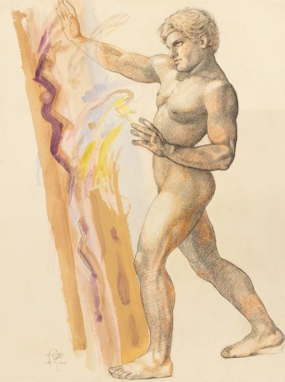 This is a work on paper of a standing nude man with a vertical abstraction with purple, yellow, and blue next to him.