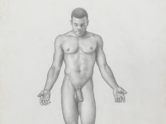 This is a drawing of a nude man standing with his arms out to his sides.