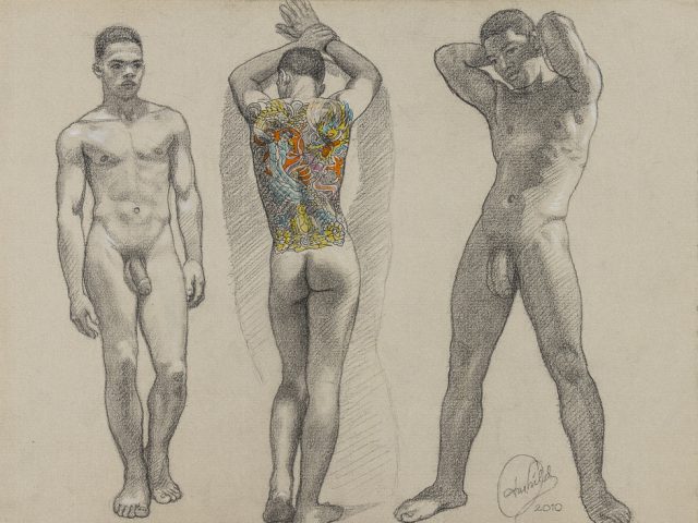 This is a drawing of a naked man with many colorful back tattoos.