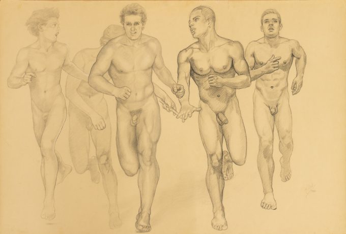 This is a pencil drawing of nude male runners on yellow paper.