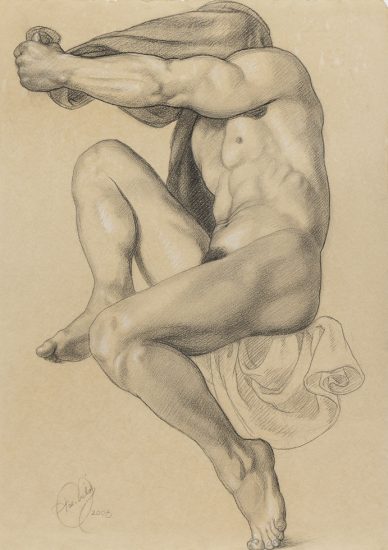 This is a drawing of a nude man with a cloth over his head.