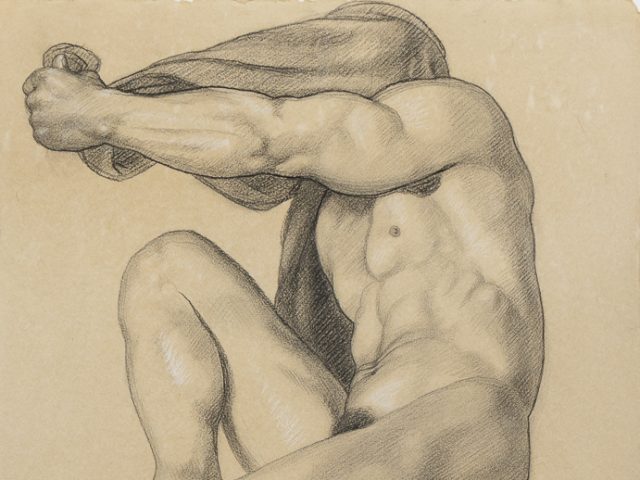 This is a drawing of a nude man with a cloth over his head.