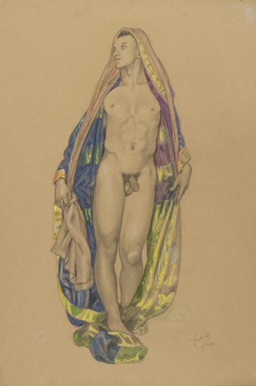 This is a drawing of a man wearing a colorful flowing kaftan.