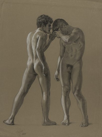 This is a drawing of two nude boys whispering to one another.