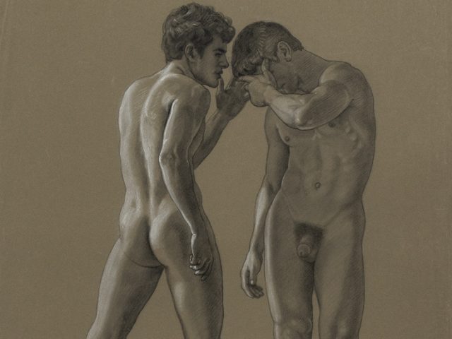 This is a drawing of two nude boys whispering to one another.