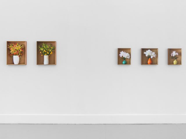 This is a photograph of Daniel Handal's exhibition "Engaños" on view at CLAMP.