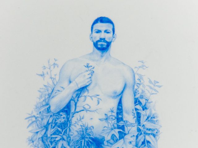 A drawing of a nude man surrounded by plants.