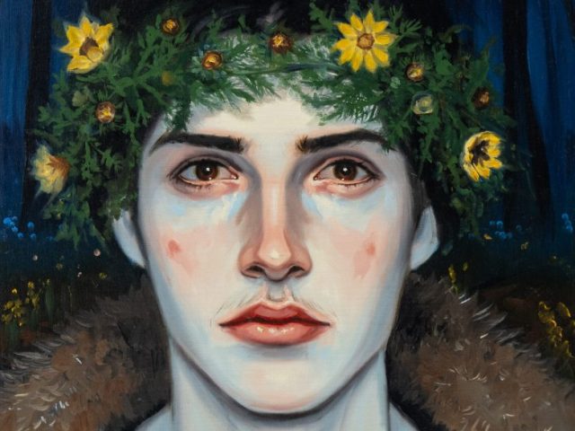 This is a painting of a pale boy with rosy cheeks wearing a fur coat and a crown of yellow flowers and green pines.