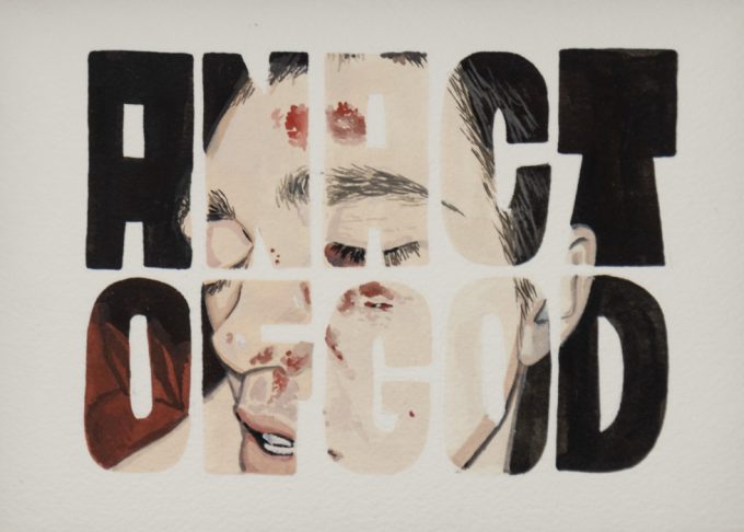 This is a drawing of a face with red marks on it and text that reads "An Act of God"