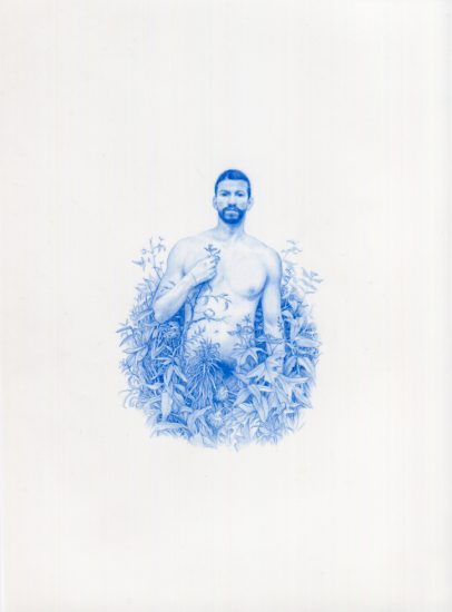 This is a drawing made with blue colored pencil on Mylar of a naked man standing immersed in plants and branches.