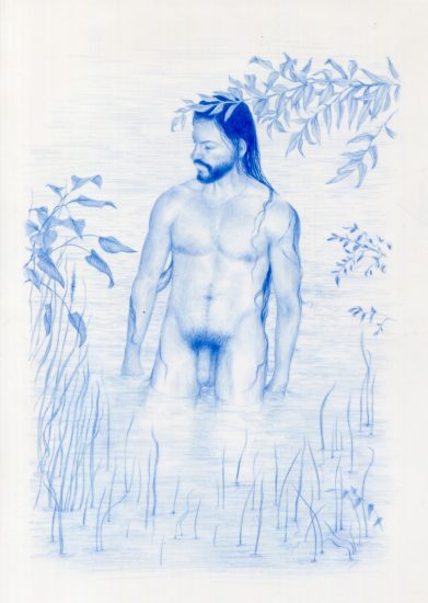 This is a drawing made with blue colored pencil on Mylar of a nude man with long dark hair in water up to his thighs surrounded by branches.